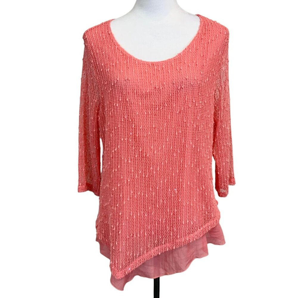 Lulu B Sequin Open Knit Lined Asymmetrical Top In Coral Size XL Faerie Lagenlook